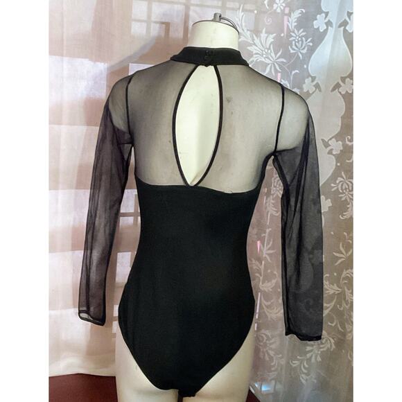 Vtg 90’s Black Sheer Crotch Snap Bodysuit Embellished Jewels Dance Stretch Med. - Picture 3 of 16